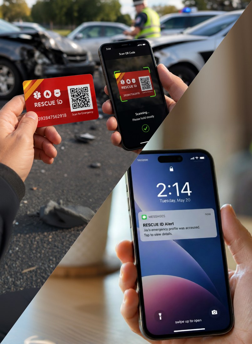 A RESCUE ID card being scanned with a phone at an accident scene, beside an emergency-alert lock-screen notification