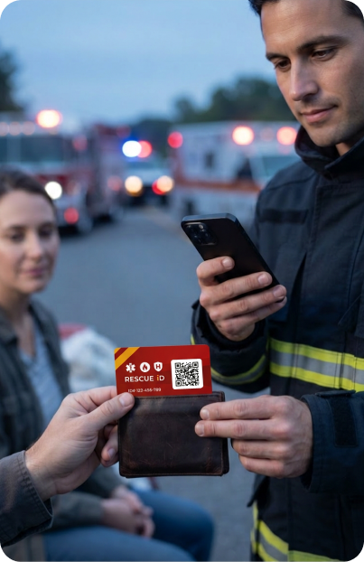 Firefighter reading an Emergency Profile on a phone while holding a RESCUE ID card from a wallet