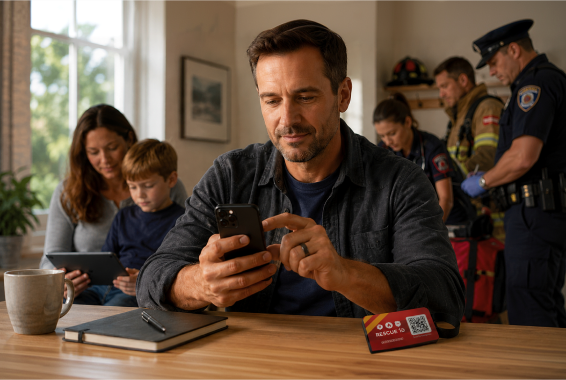 A family at home checking their Emergency Profile while responders work in the background